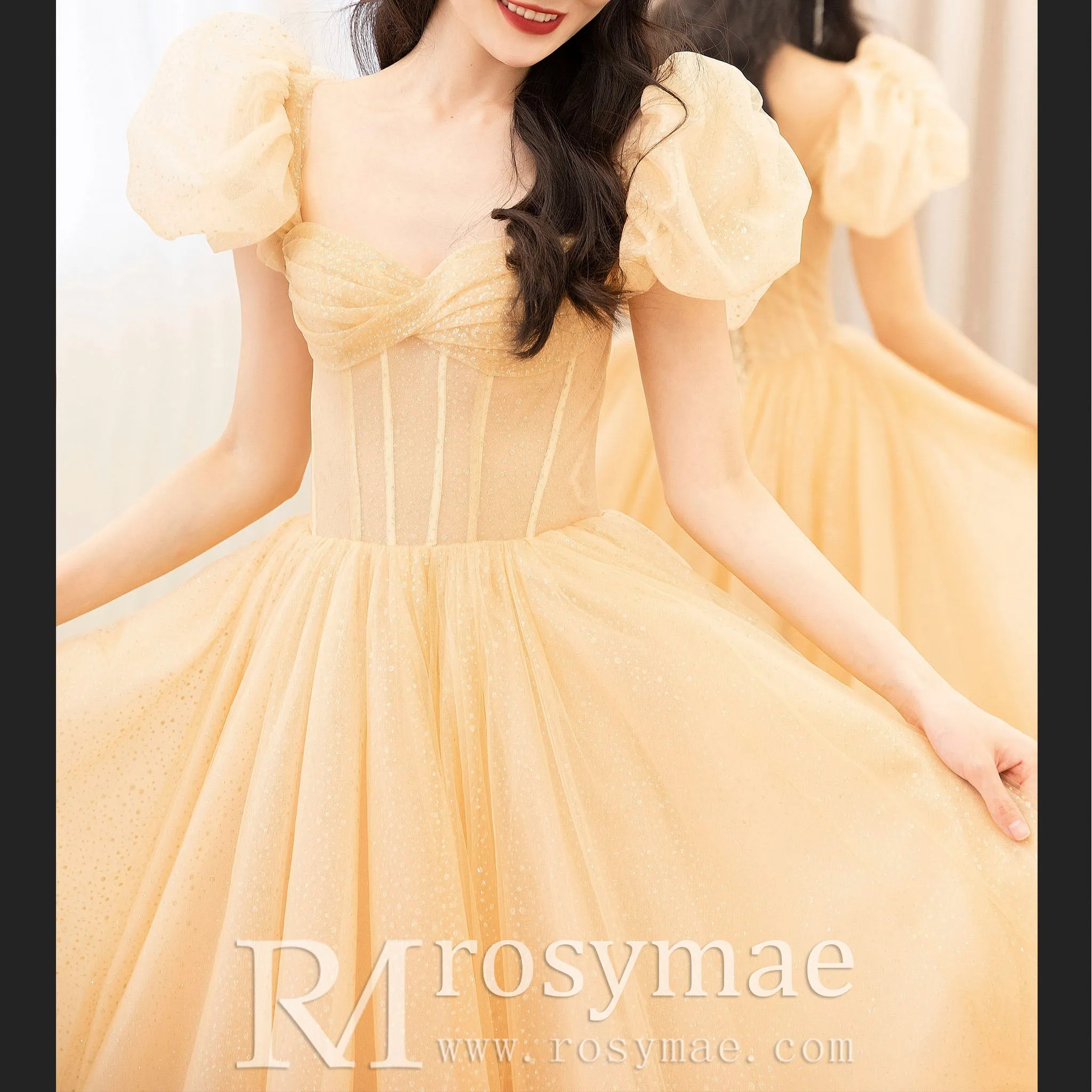 Short Puffy Sleeve Gold Formal Dress Prom Party Gown for Women