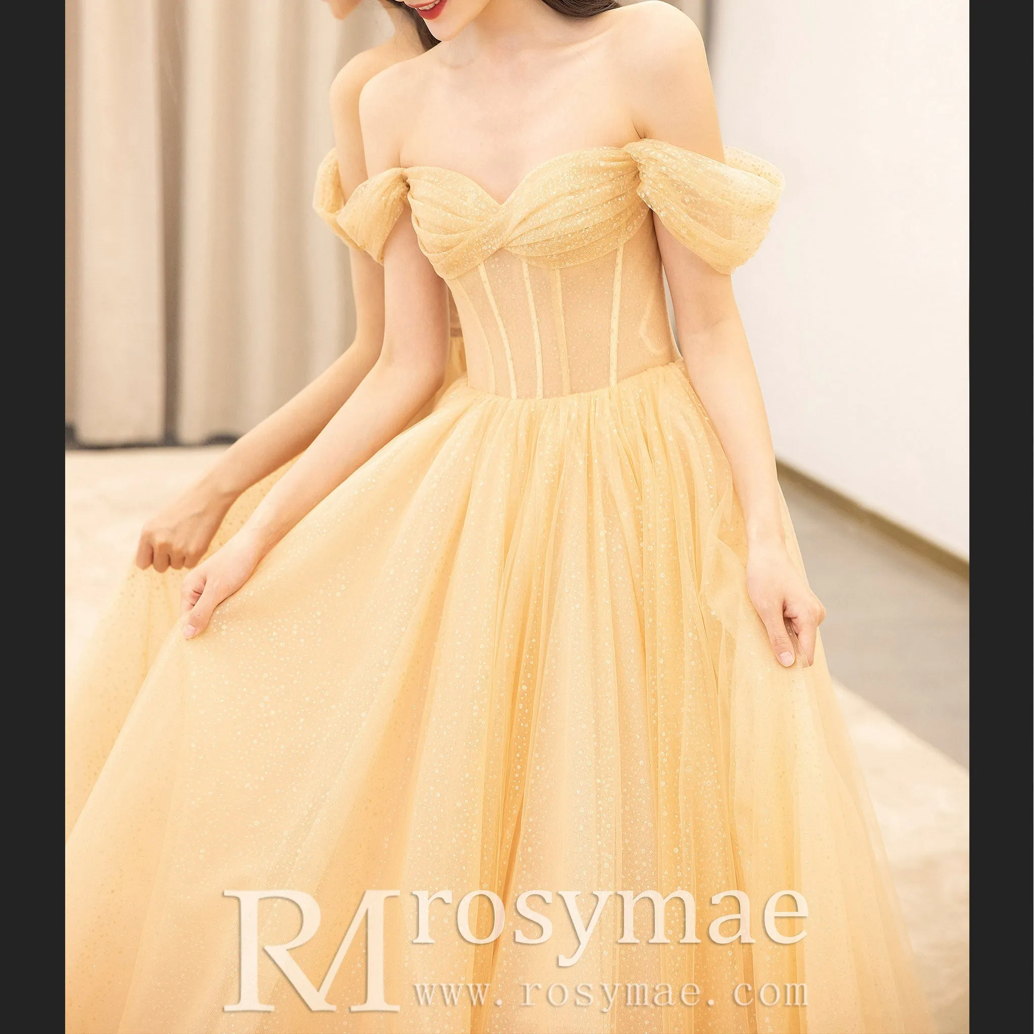 Short Puffy Sleeve Gold Formal Dress Prom Party Gown for Women