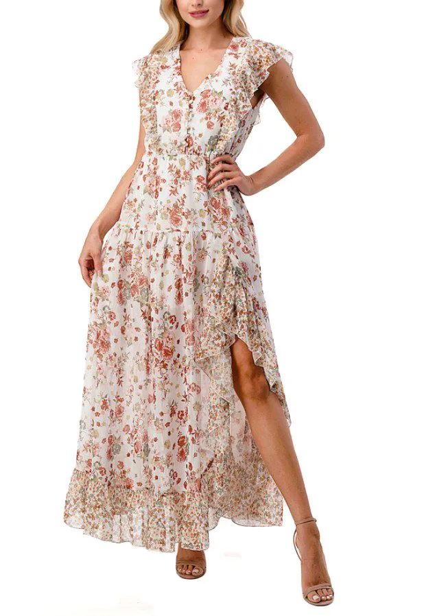 Sleeveless Floral Printed Ruffled Maxi Dress MD1616T