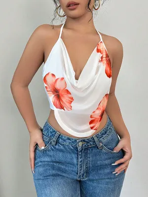 Sleeveless Flower Print Halter-Neck Vest Top