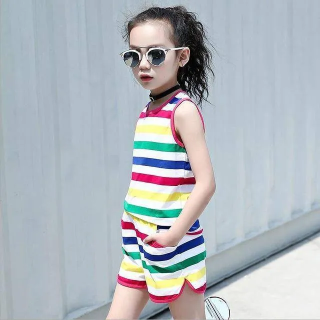 Sleeveless Striped Vests & Shorts Summer Kids girls Outfits