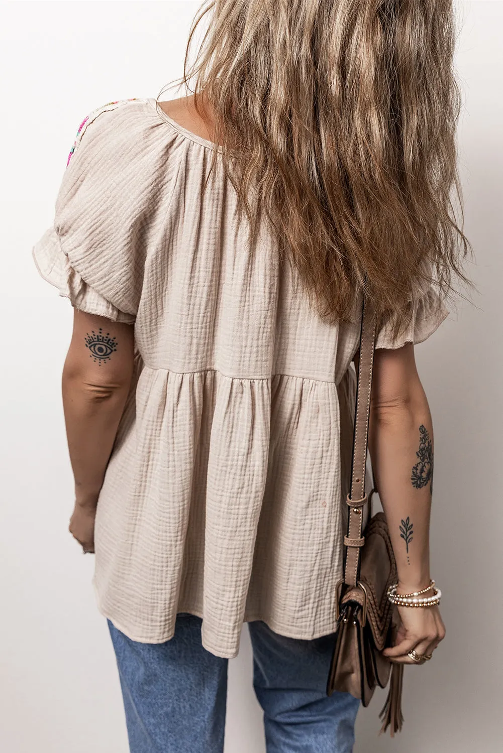 Smoke Gray Crinkle Embroidered Patched Bubble Sleeve Tied Neck Blouse