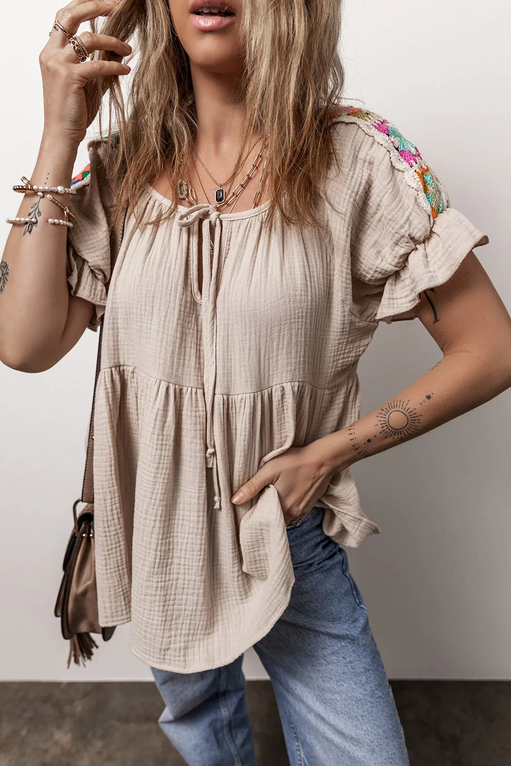 Smoke Gray Crinkle Embroidered Patched Bubble Sleeve Tied Neck Blouse
