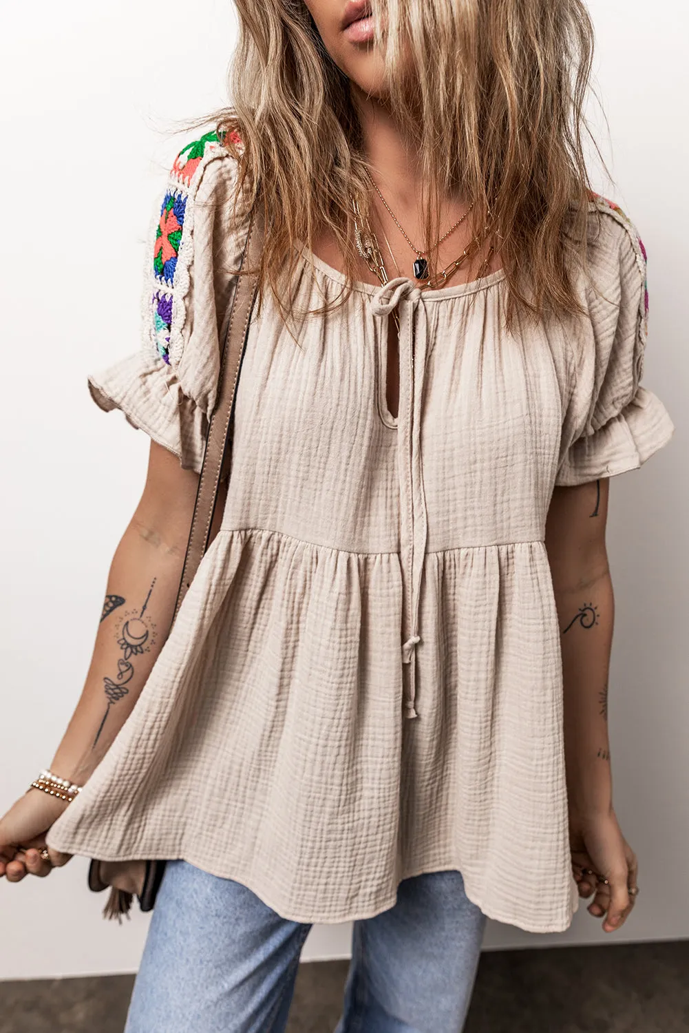 Smoke Gray Crinkle Embroidered Patched Bubble Sleeve Tied Neck Blouse