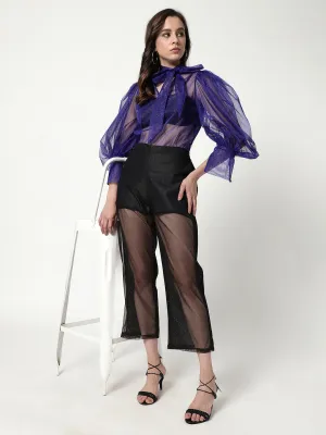 Solid Shimmer Neck Tie-up Sheer Top With Puffy Sleeves (Set Of 1)