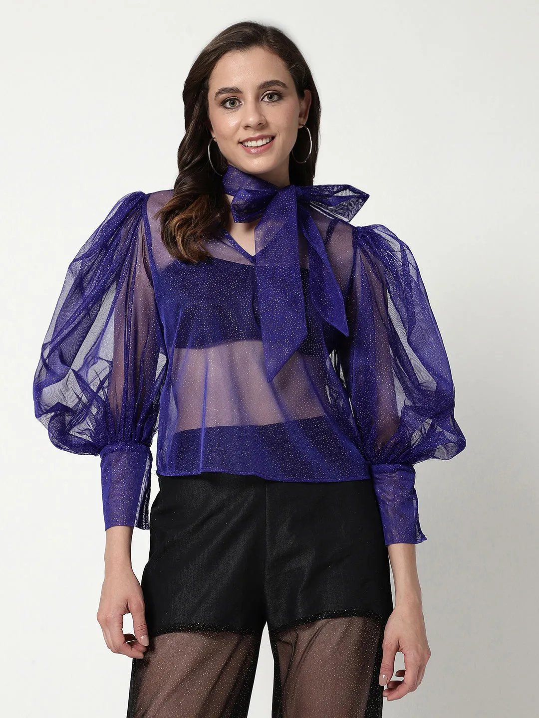 Solid Shimmer Neck Tie-up Sheer Top With Puffy Sleeves (Set Of 1)