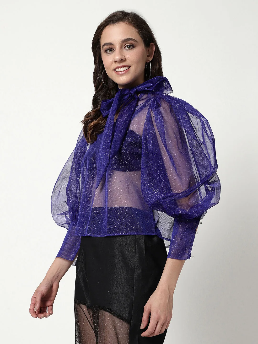Solid Shimmer Neck Tie-up Sheer Top With Puffy Sleeves (Set Of 1)