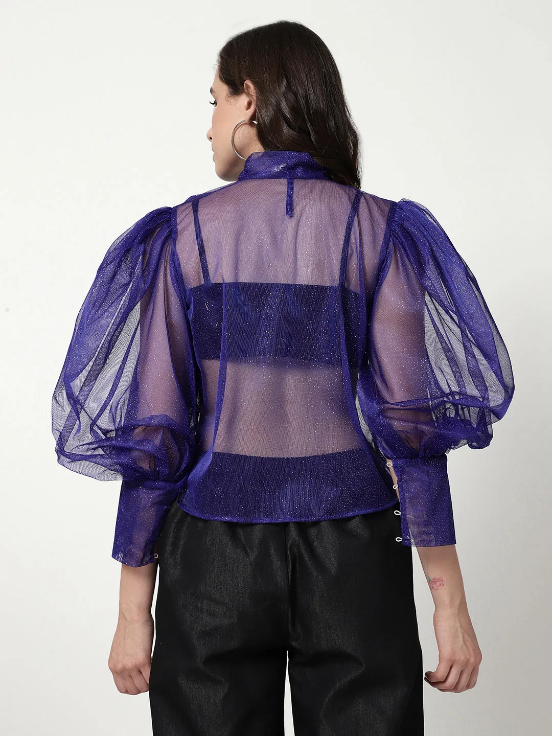 Solid Shimmer Neck Tie-up Sheer Top With Puffy Sleeves (Set Of 1)