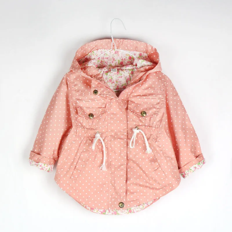 Spring Autumn Hooded Kids Jackets Long Sleeve Polka Dot Print Fashion Girls Windbreaker Coat Casual Waist Girls Jackets