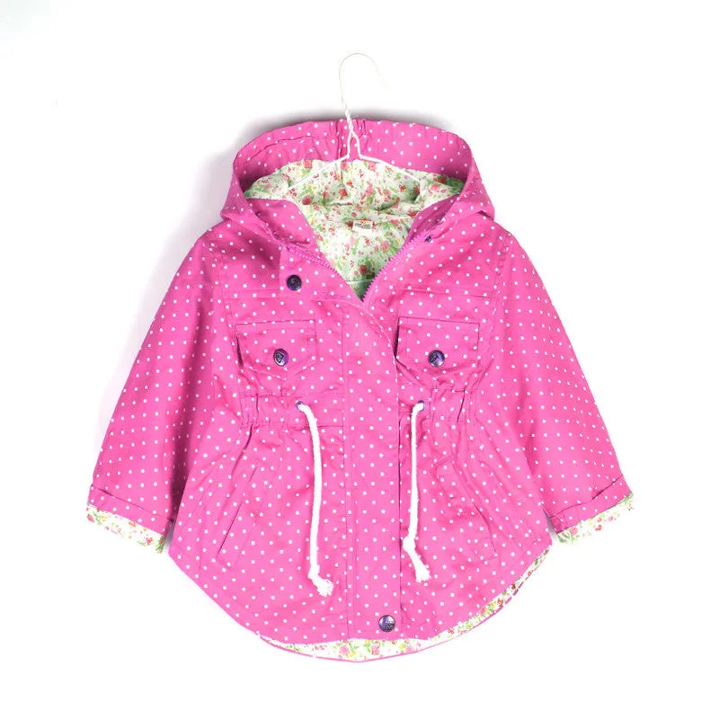 Spring Autumn Hooded Kids Jackets Long Sleeve Polka Dot Print Fashion Girls Windbreaker Coat Casual Waist Girls Jackets