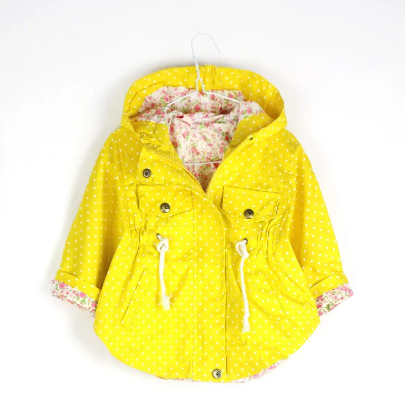 Spring Autumn Hooded Kids Jackets Long Sleeve Polka Dot Print Fashion Girls Windbreaker Coat Casual Waist Girls Jackets