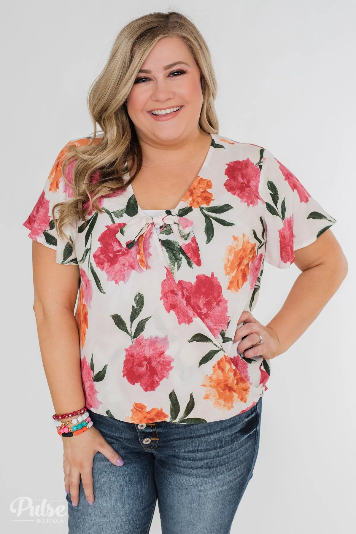 Spring is in the Air Floral Front Tie & Wrap Blouse- Blush
