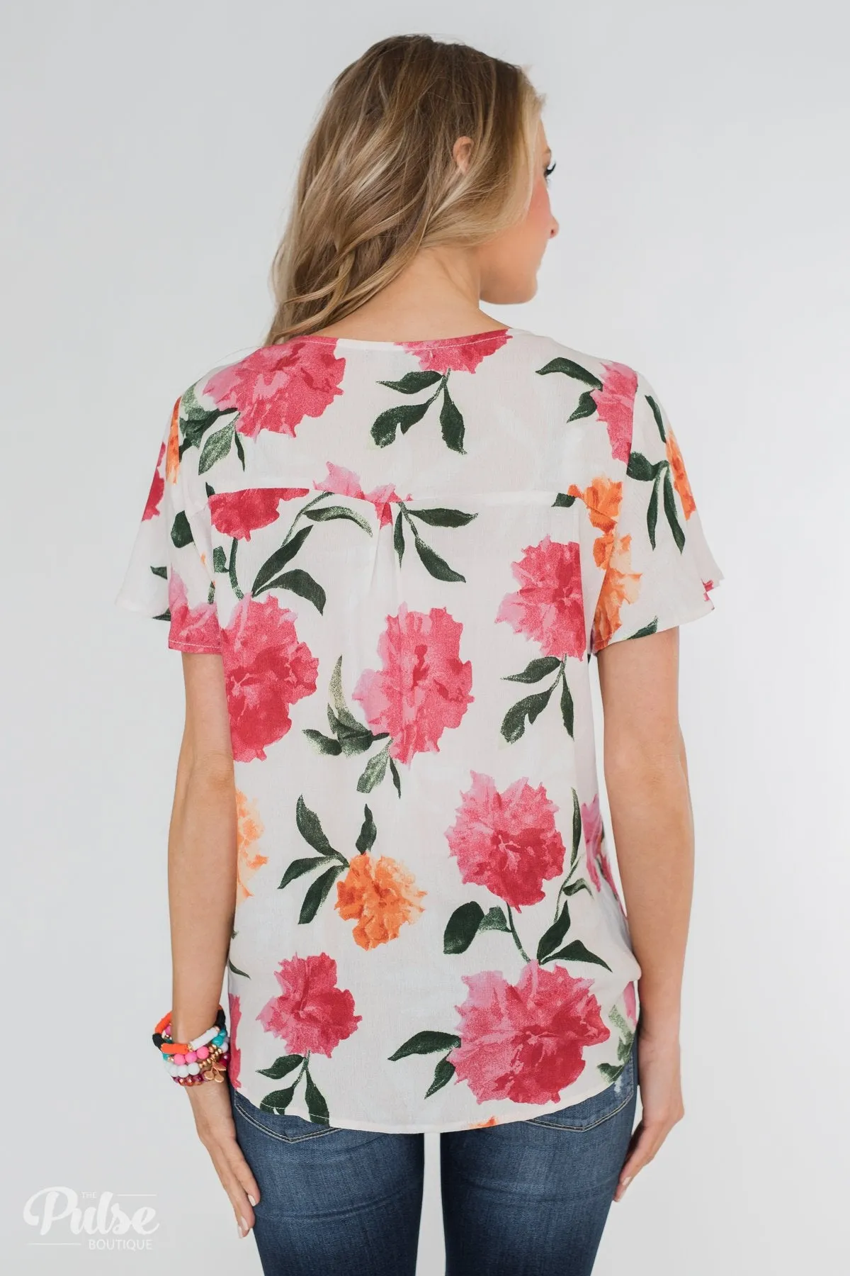Spring is in the Air Floral Front Tie & Wrap Blouse- Blush