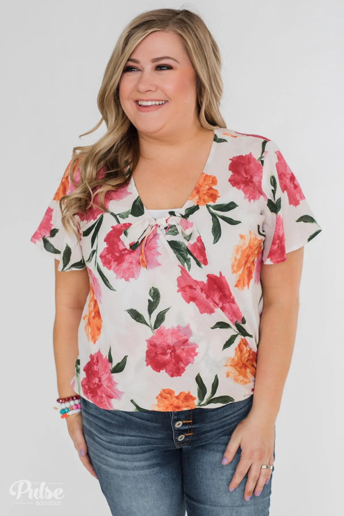 Spring is in the Air Floral Front Tie & Wrap Blouse- Blush