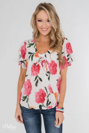 Spring is in the Air Floral Front Tie & Wrap Blouse- Blush