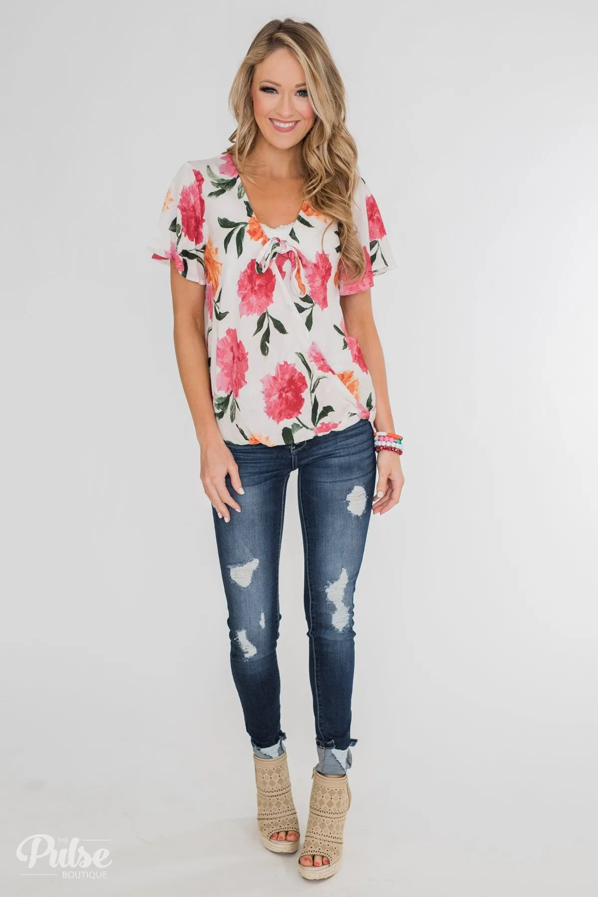 Spring is in the Air Floral Front Tie & Wrap Blouse- Blush