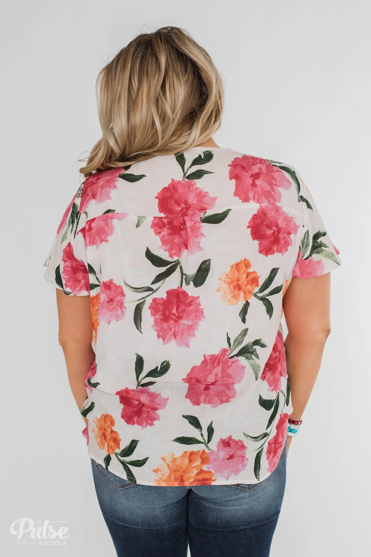 Spring is in the Air Floral Front Tie & Wrap Blouse- Blush