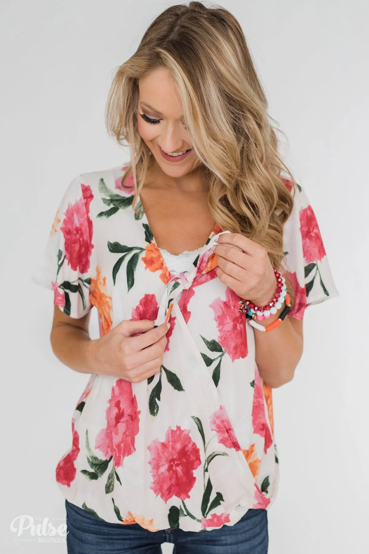 Spring is in the Air Floral Front Tie & Wrap Blouse- Blush