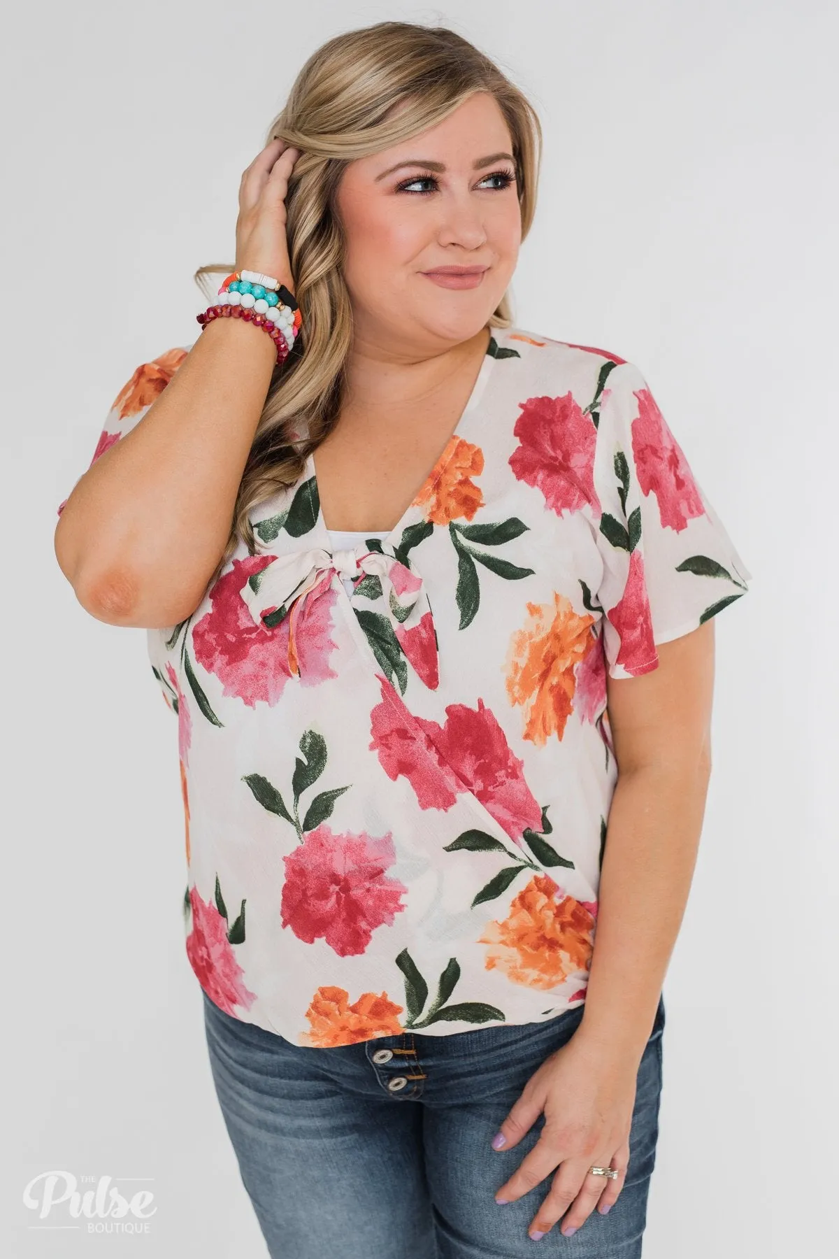 Spring is in the Air Floral Front Tie & Wrap Blouse- Blush
