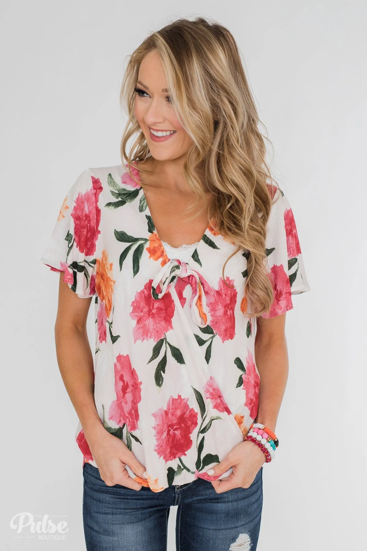 Spring is in the Air Floral Front Tie & Wrap Blouse- Blush