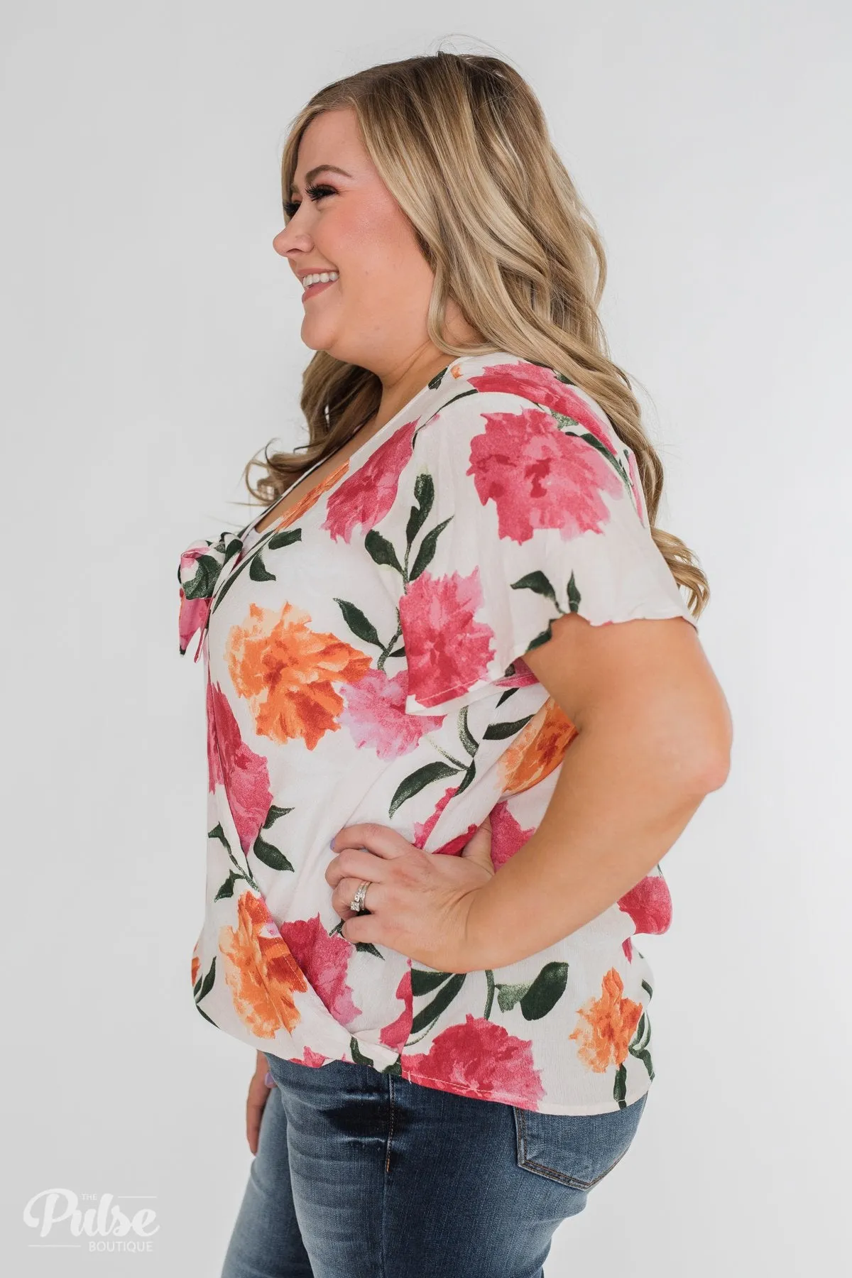 Spring is in the Air Floral Front Tie & Wrap Blouse- Blush