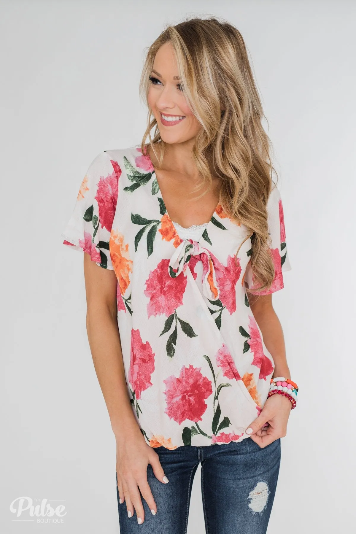 Spring is in the Air Floral Front Tie & Wrap Blouse- Blush