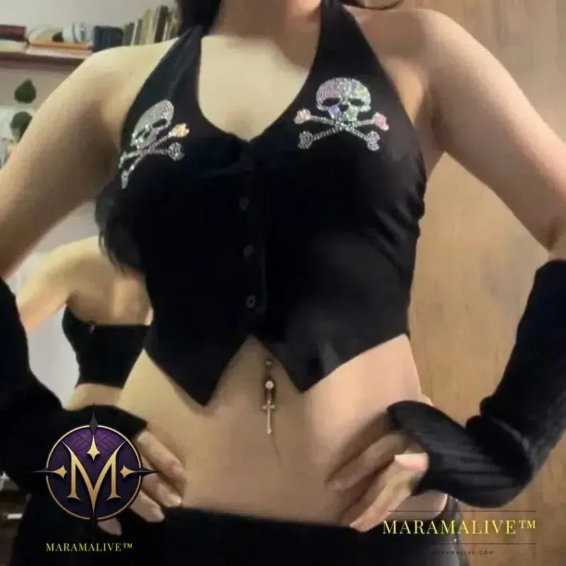 streetwear Punk rhinestone halter neck strap sleeveless vest sexy tank top vintage Goth Aesthetic Summer Fashion Casual Camisole