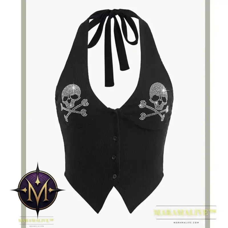 streetwear Punk rhinestone halter neck strap sleeveless vest sexy tank top vintage Goth Aesthetic Summer Fashion Casual Camisole