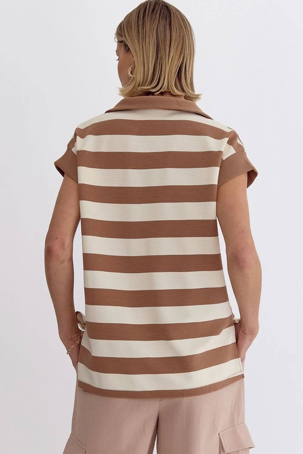 Stripe Collared Cap Sleeve V-Neck Top W/Slit at Sides