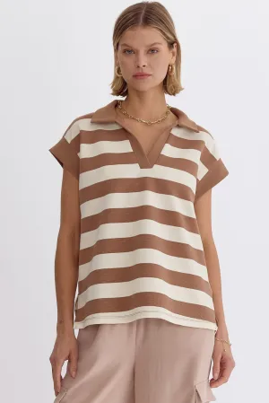 Stripe Collared Cap Sleeve V-Neck Top W/Slit at Sides