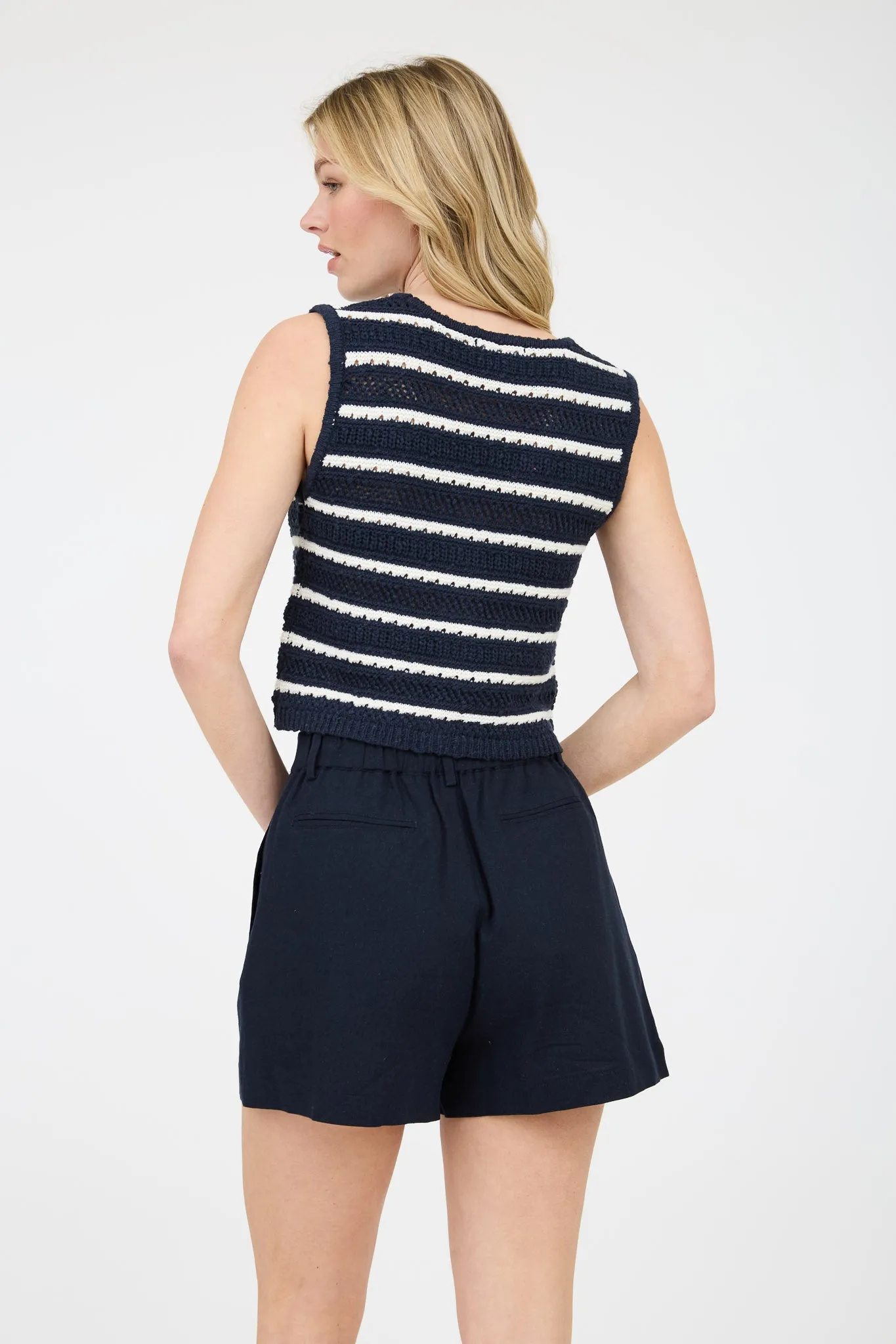 STRIPE GOLD BUTTON CROPPED CROCHET KNIT VEST