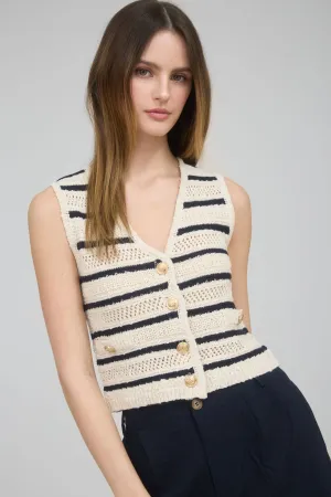 STRIPE GOLD BUTTON CROPPED CROCHET KNIT VEST