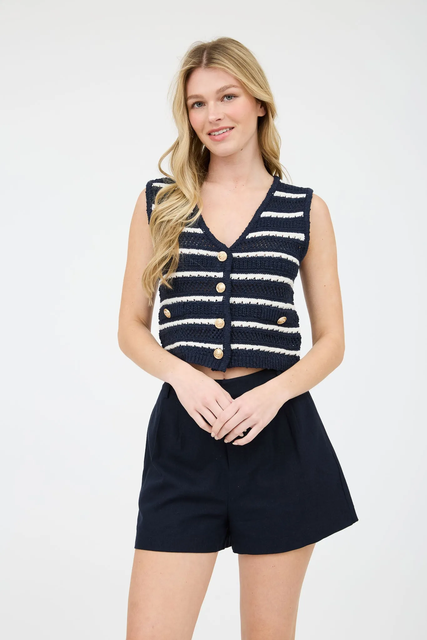 STRIPE GOLD BUTTON CROPPED CROCHET KNIT VEST