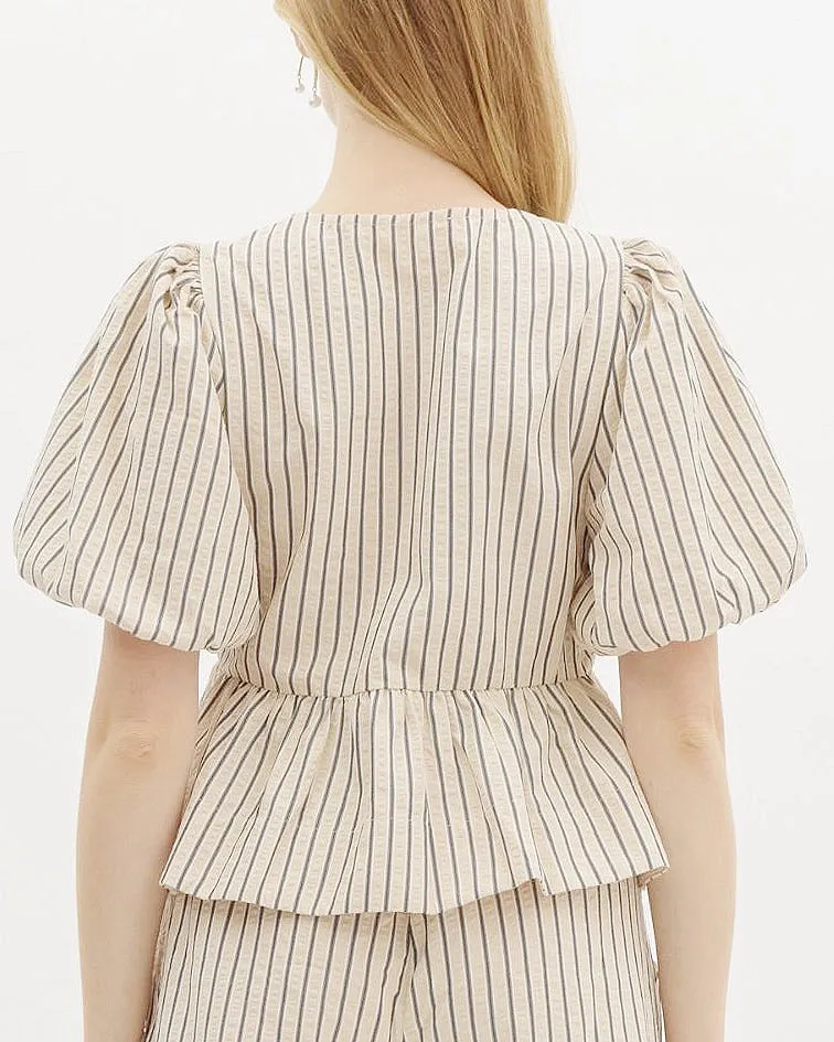Striped Bubble Sleeve Babydoll Top in Ecru
