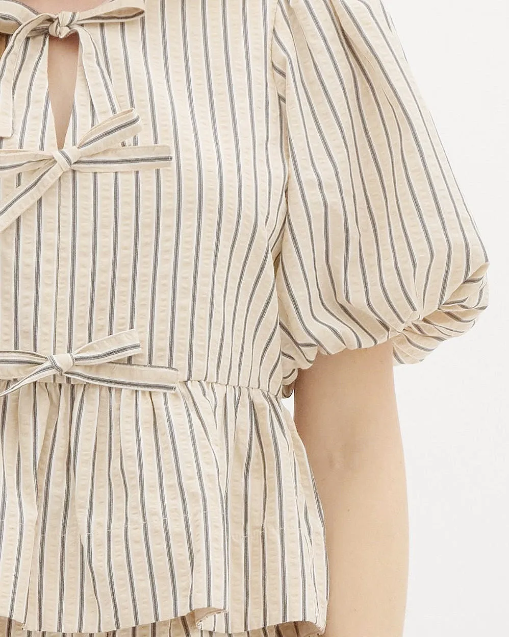 Striped Bubble Sleeve Babydoll Top in Ecru
