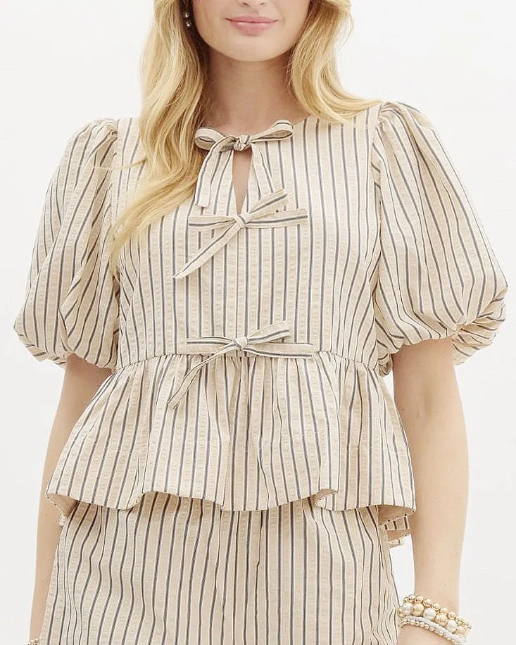 Striped Bubble Sleeve Babydoll Top in Ecru