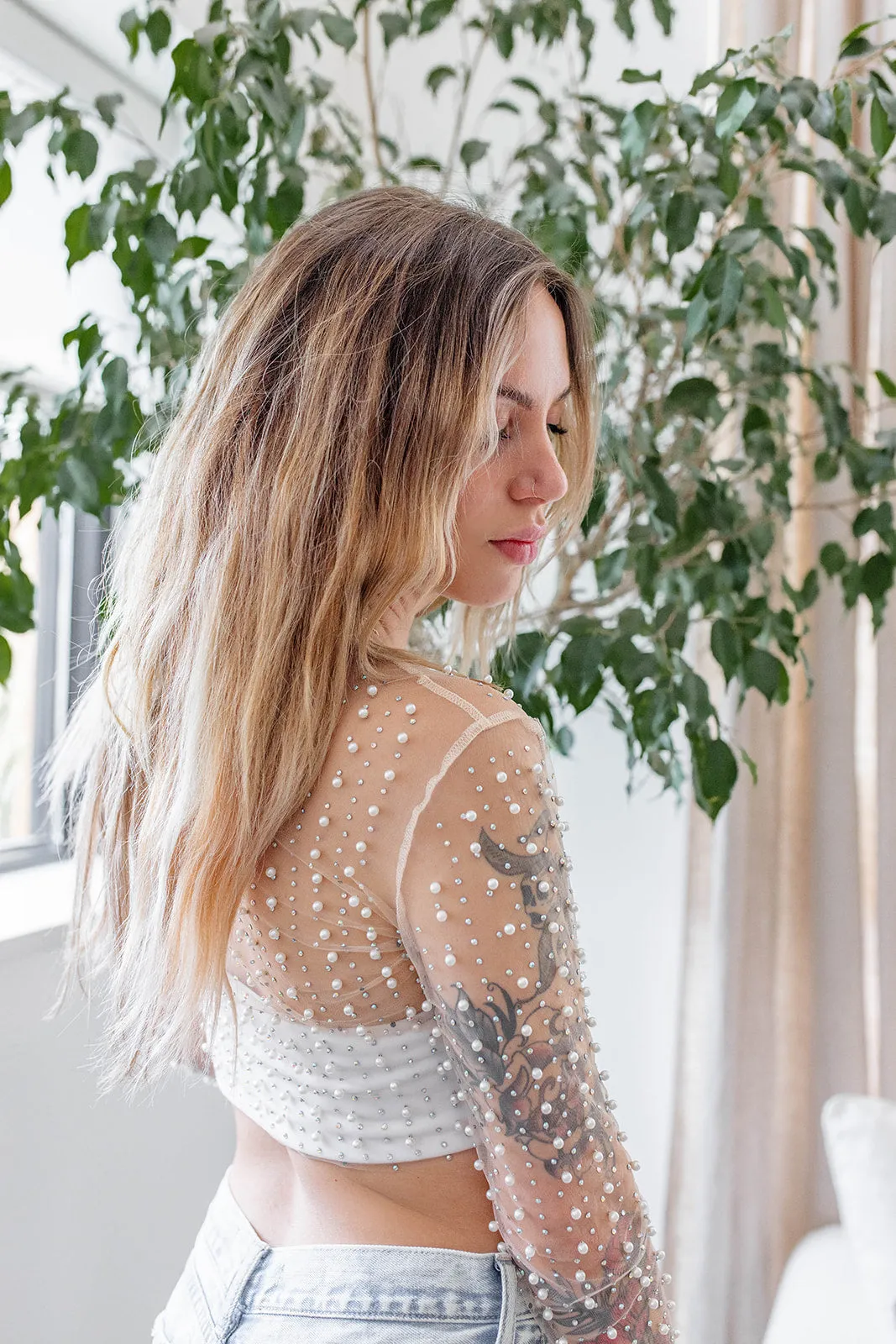 Stunna pearl and rhinestone long sleeve mesh top ~ nude