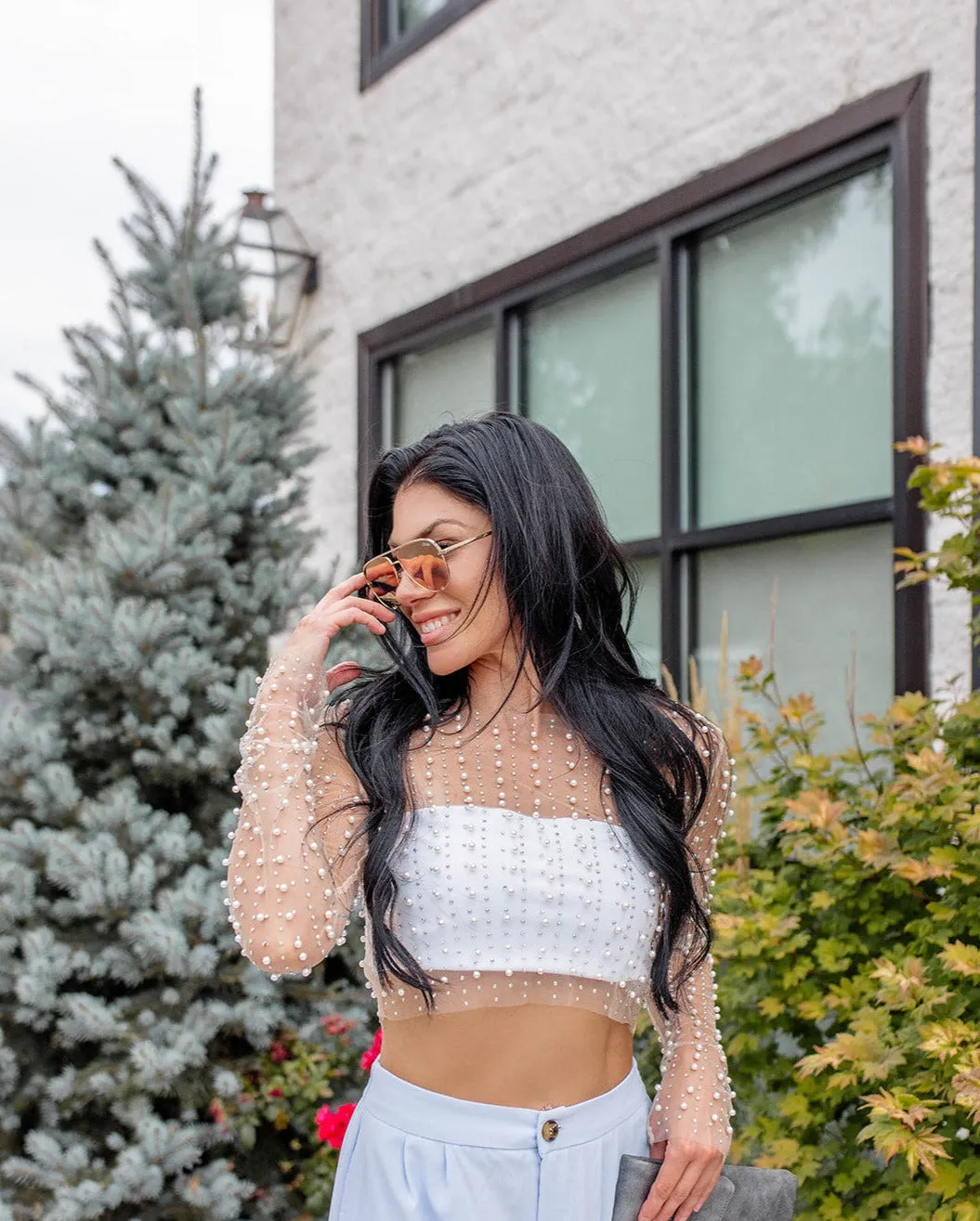 Stunna pearl and rhinestone long sleeve mesh top ~ nude