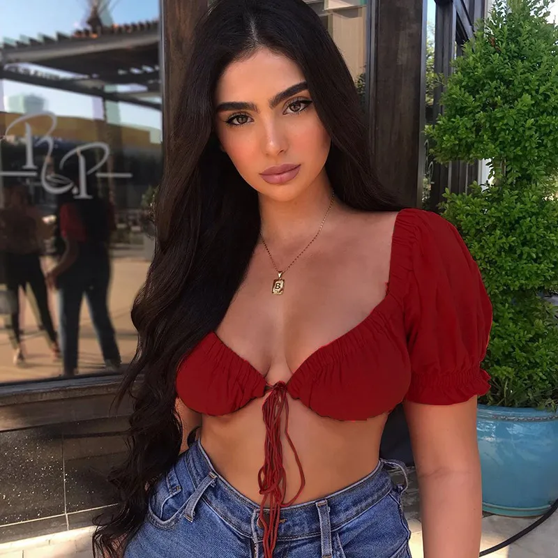 SummerBloom Puff Sleeve Tie Front Cropped Top