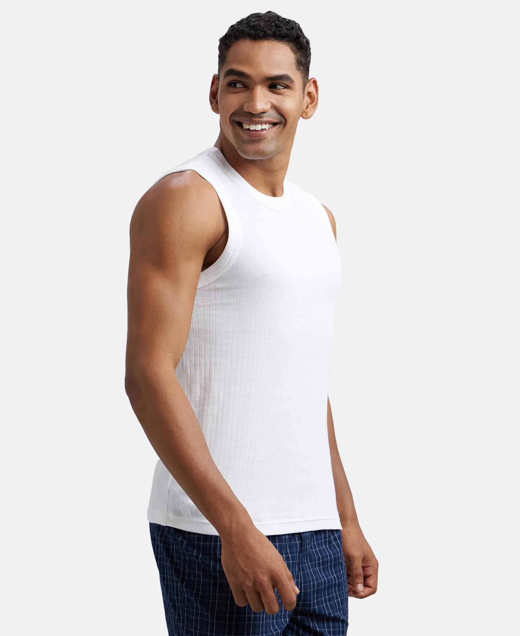 Super Combed Cotton Rib Solid Round Neck Muscle Vest - White