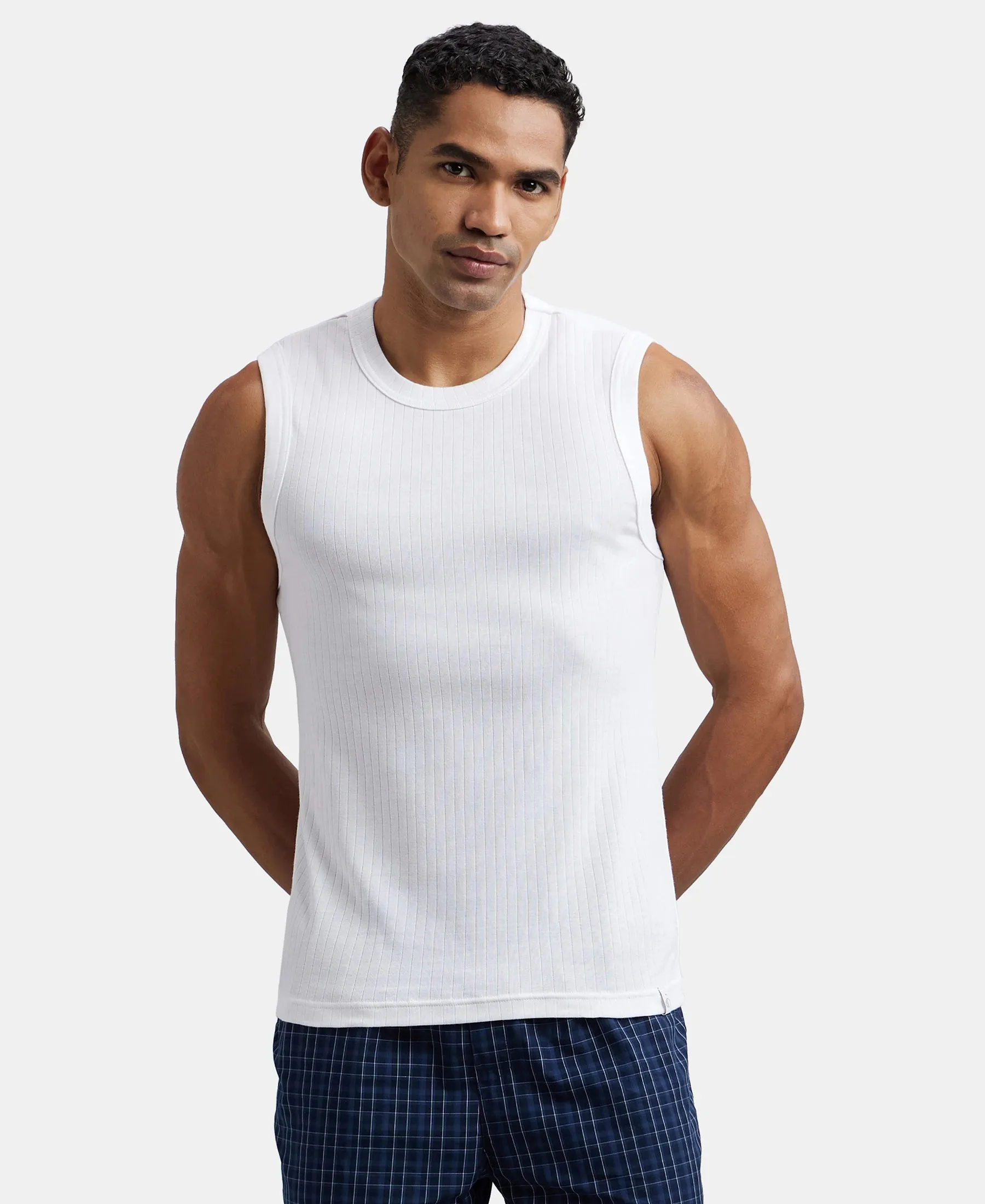 Super Combed Cotton Rib Solid Round Neck Muscle Vest - White