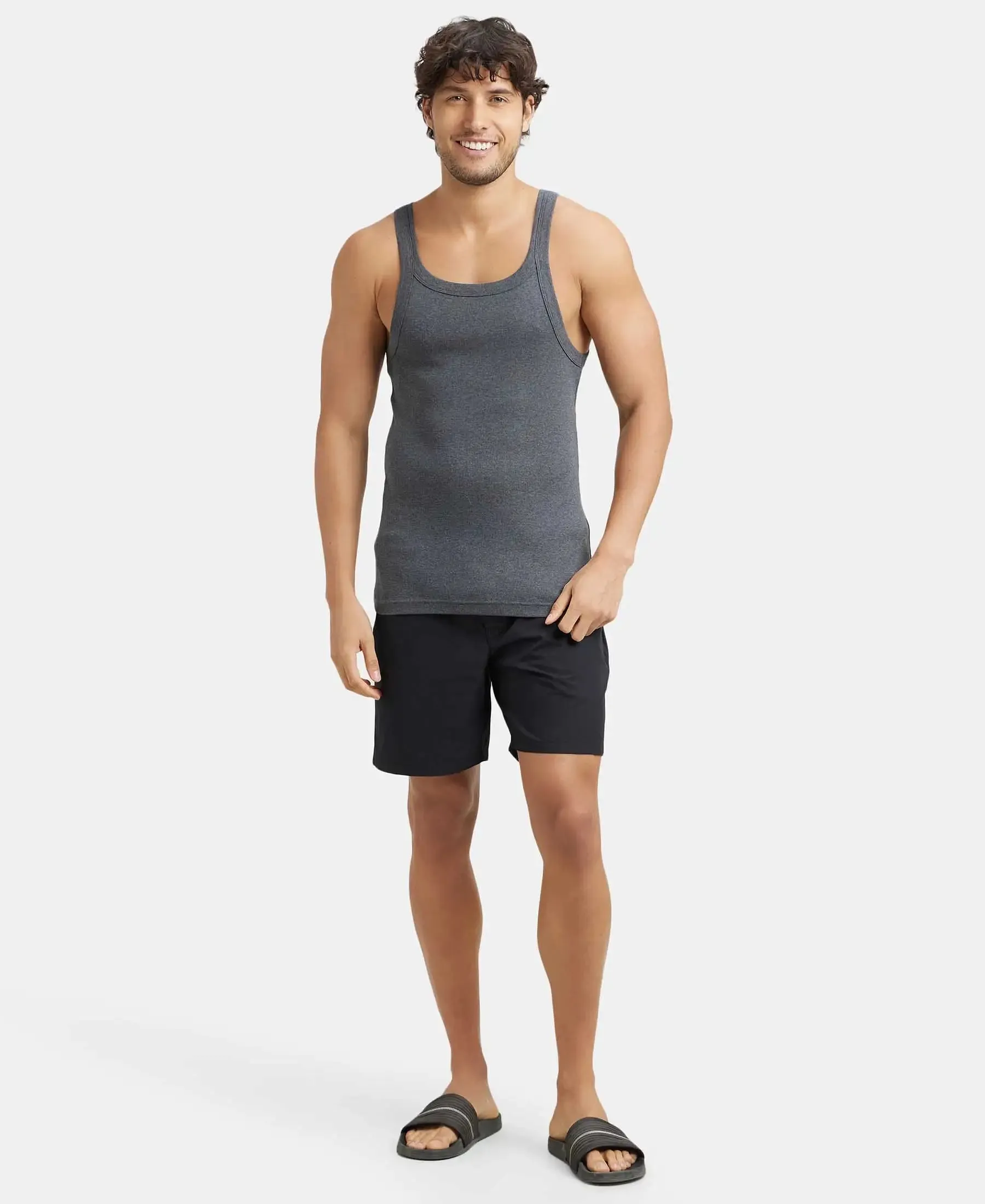 Super Combed Cotton Rib Square Neck Gym Vest - Charcoal Melange (Pack of 2)