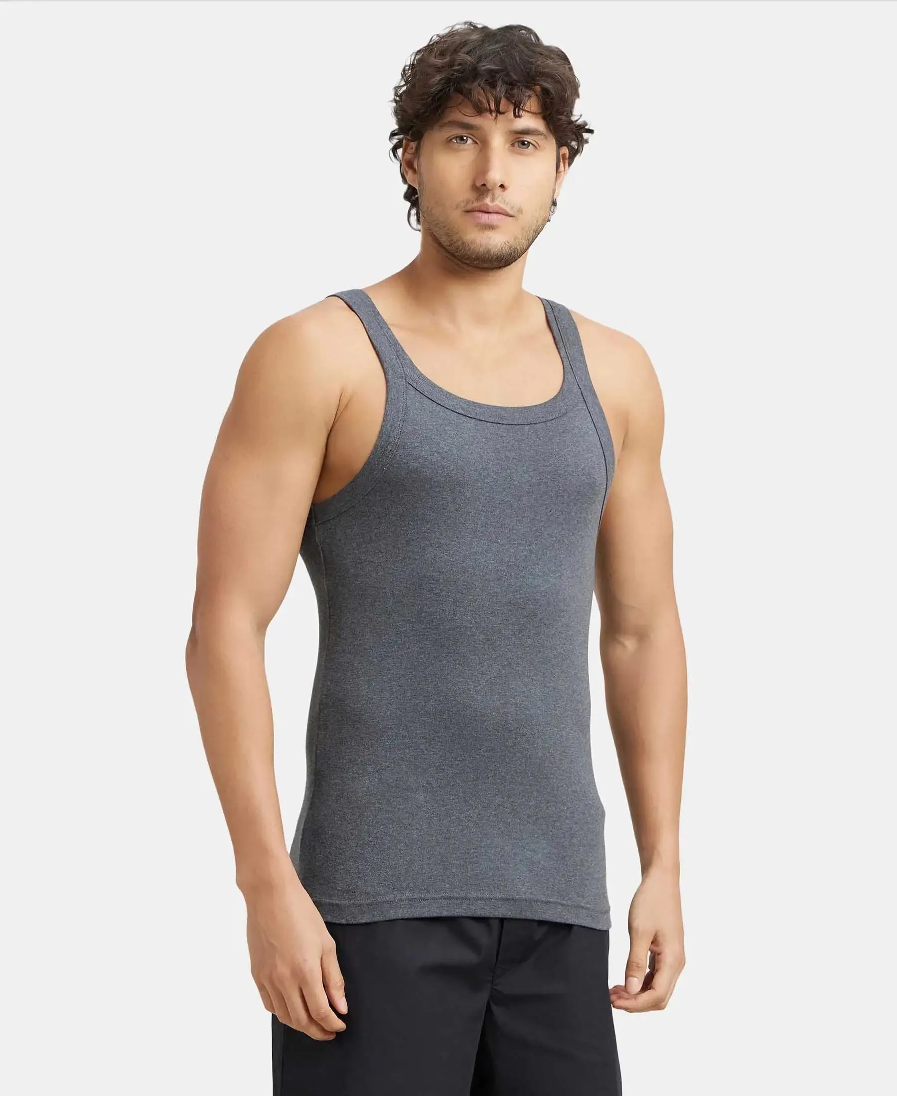 Super Combed Cotton Rib Square Neck Gym Vest - Charcoal Melange (Pack of 2)