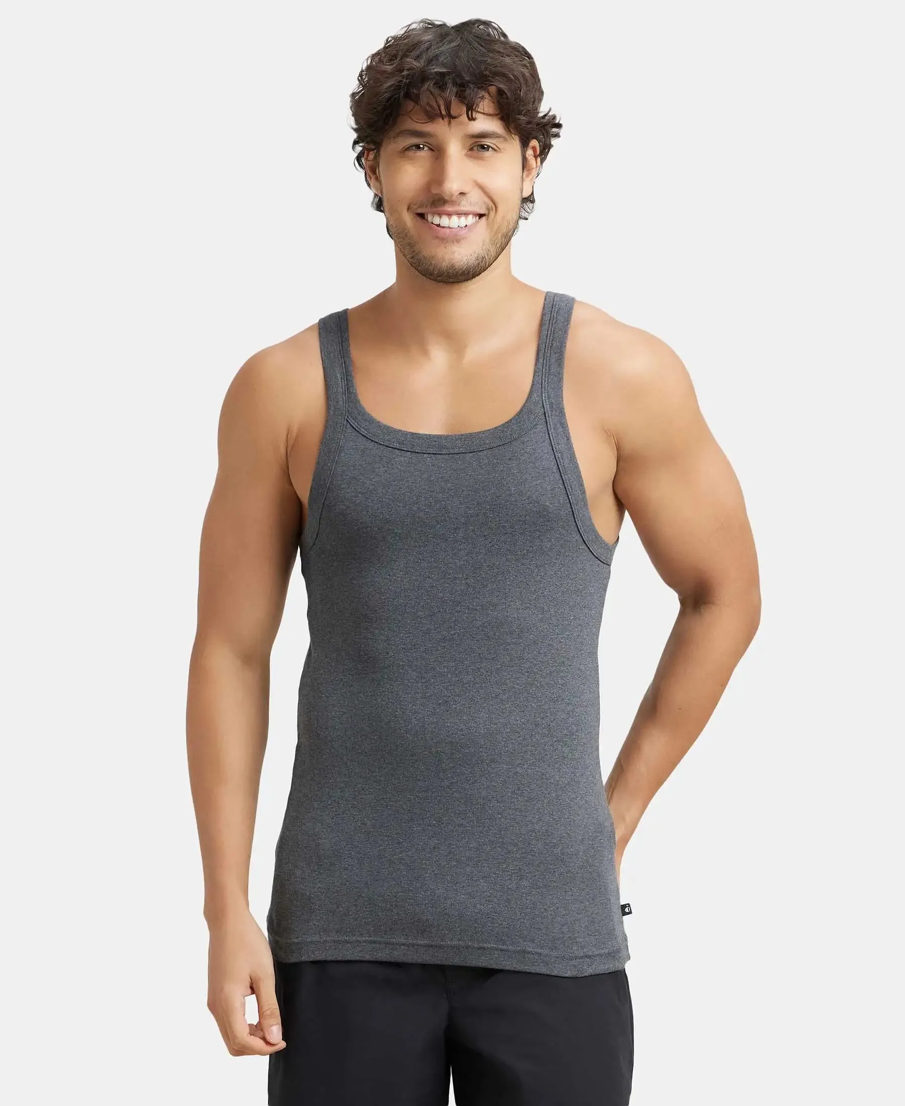 Super Combed Cotton Rib Square Neck Gym Vest - Charcoal Melange (Pack of 2)