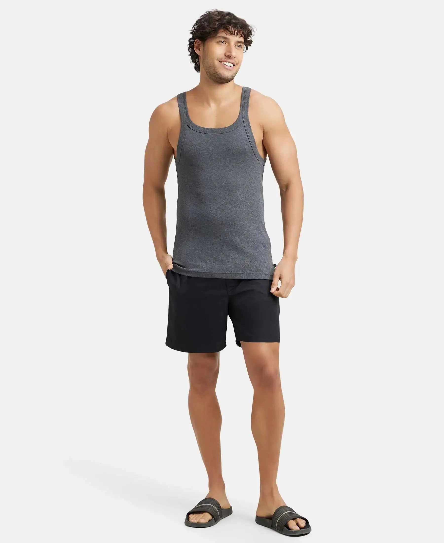 Super Combed Cotton Rib Square Neck Gym Vest - Charcoal Melange (Pack of 2)