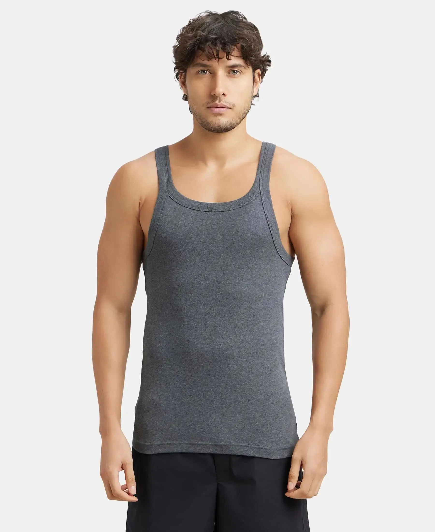 Super Combed Cotton Rib Square Neck Gym Vest - Charcoal Melange (Pack of 2)