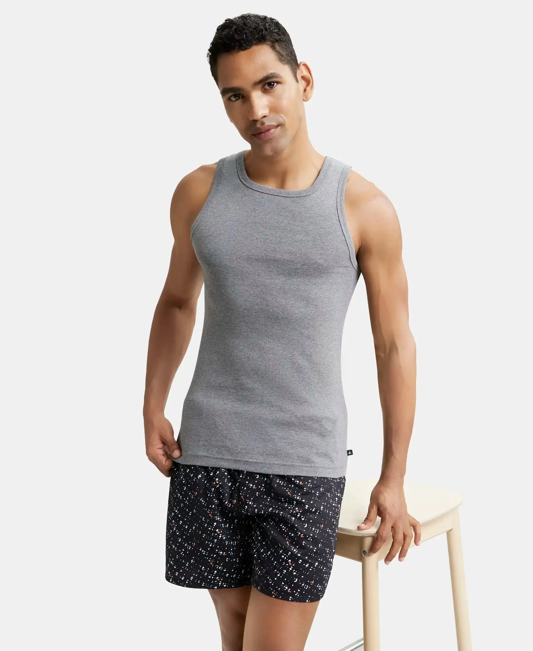 Super Combed Cotton Rib Square Neck Sleeveless Vest - Mid Grey Melange