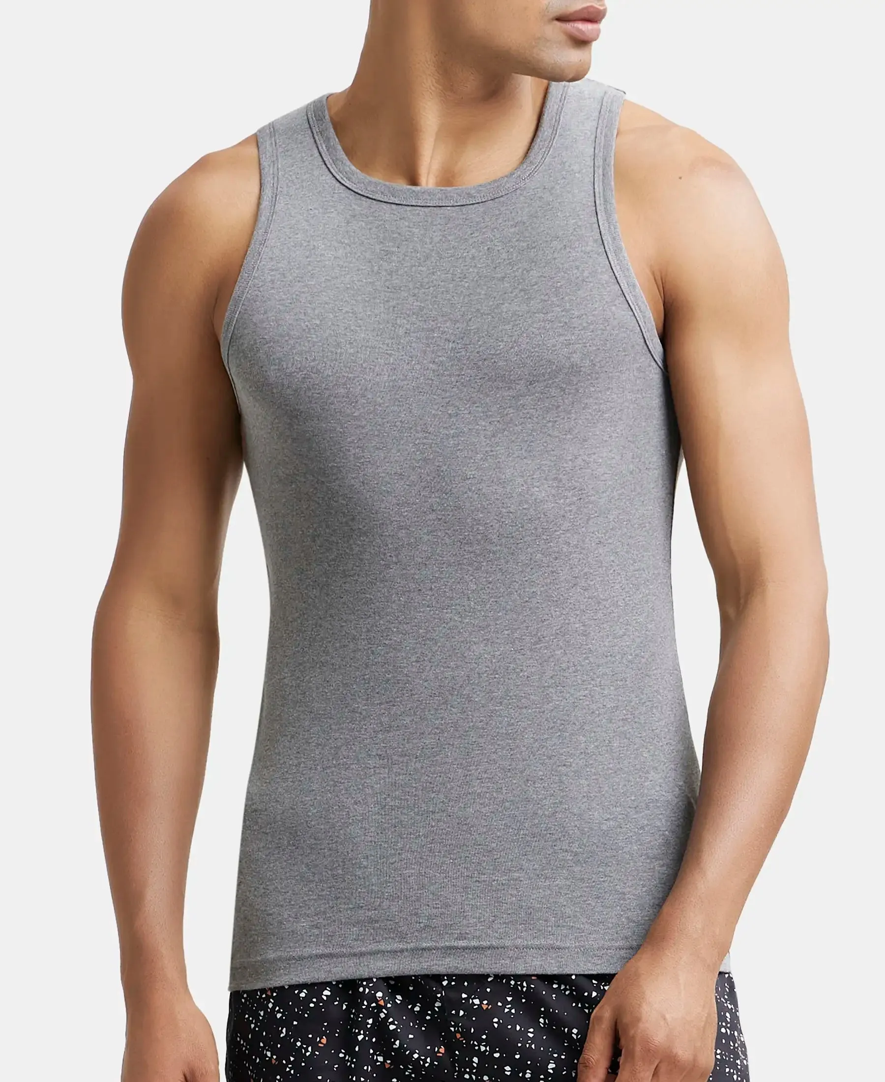 Super Combed Cotton Rib Square Neck Sleeveless Vest - Mid Grey Melange