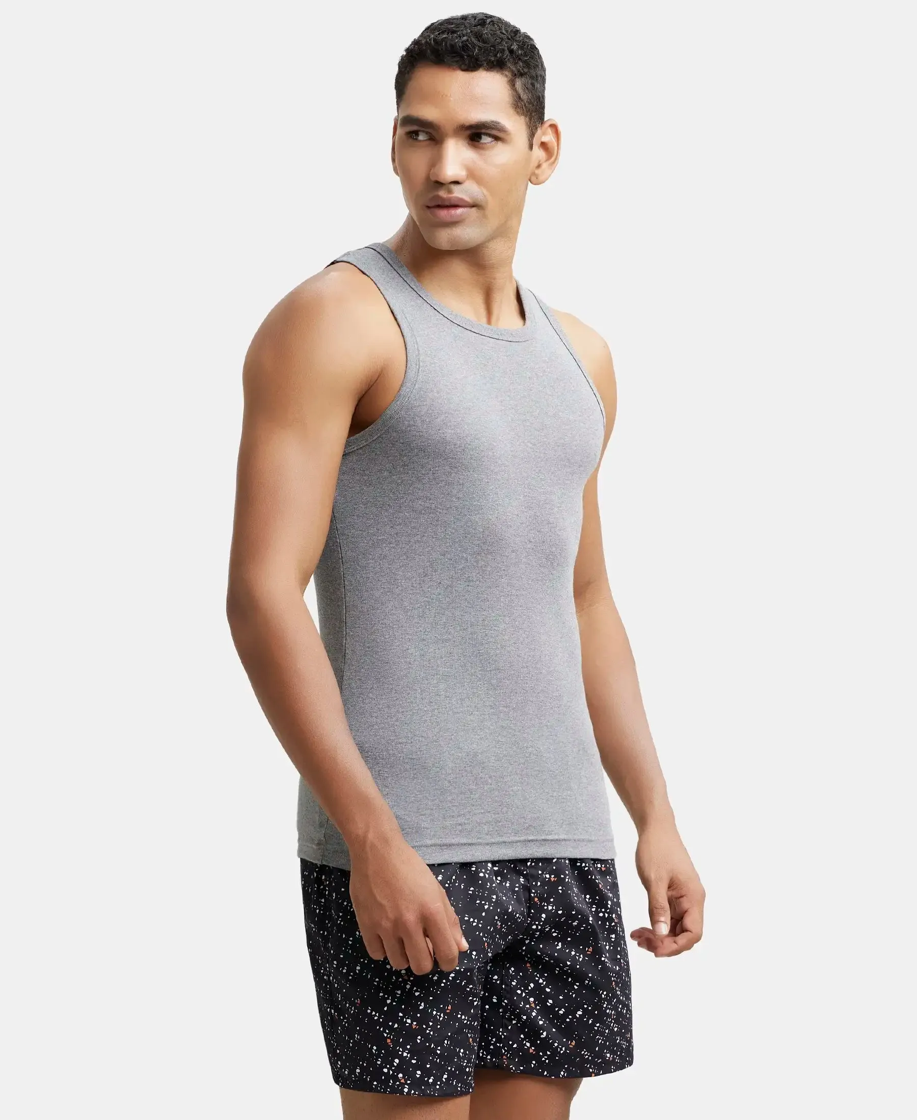 Super Combed Cotton Rib Square Neck Sleeveless Vest - Mid Grey Melange