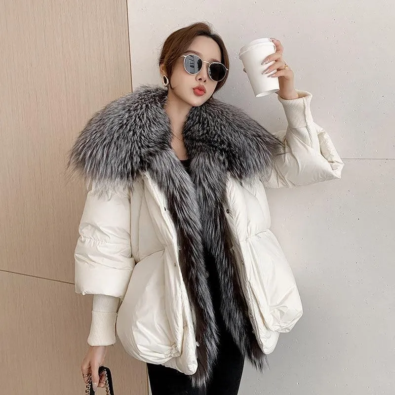 Super Warm Winter Jacket with Real Silver Fox Fur Collar and Knit Sleeves